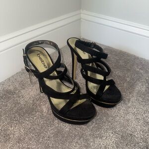 bebe Black Multi‑Strap Platform Stiletto Sandals